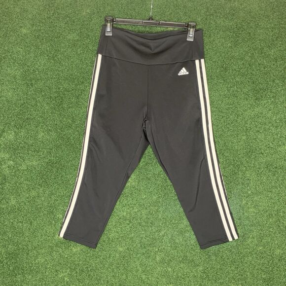 Sz M Adidas Pants Women Medium Black Leggings Cropped Capri 3 Stripe Aeroready - Picture 1 of 3